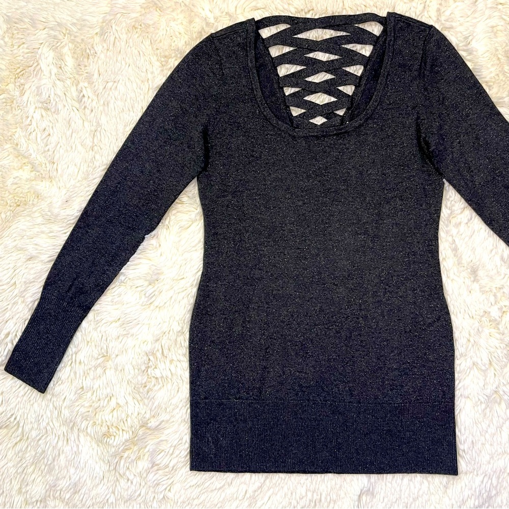 Cache Grey Sparkly Scoop Neck Long Sleeve Top